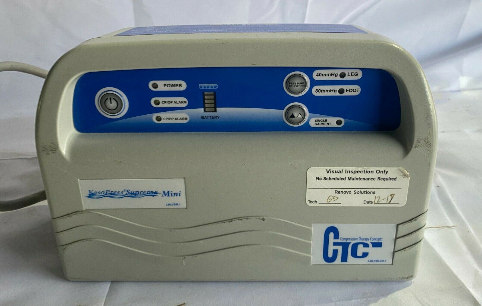 Vaso Press Supreme CTC DVT P500DM DVT Mini Pump with cord and tubings DIAGNOSTIC ULTRASOUND MACHINES FOR SALE