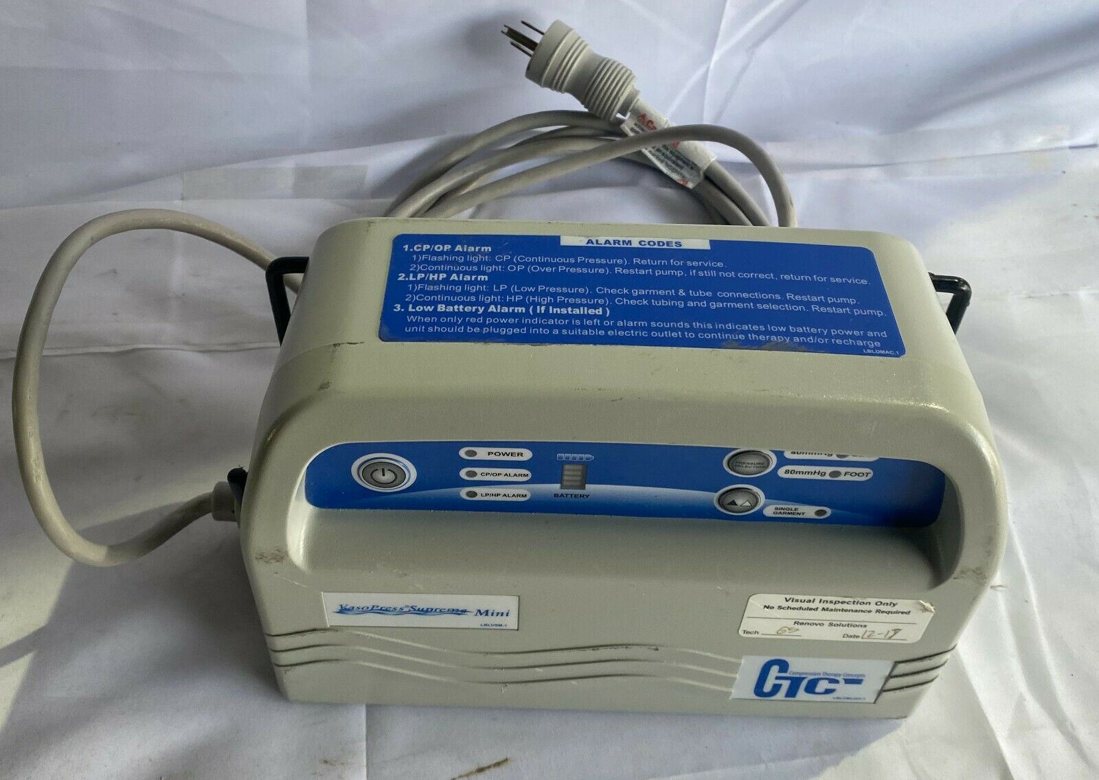 Vaso Press Supreme CTC DVT P500DM DVT Mini Pump with cord and tubings DIAGNOSTIC ULTRASOUND MACHINES FOR SALE