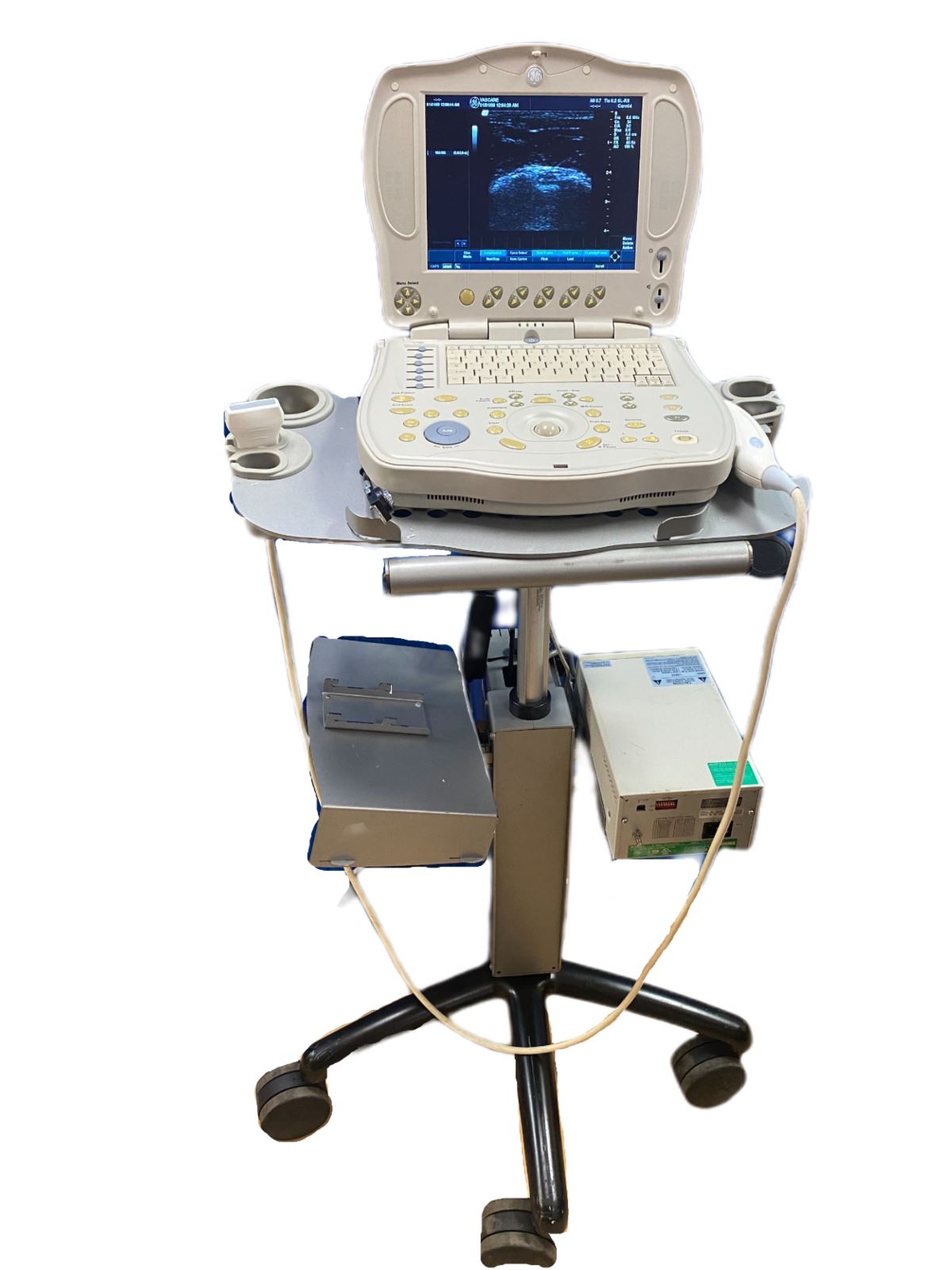 GE LOGIQ BOOK XP PORTABLE ULTRASOUND MACHINE & 8L-RS PROBE 2004 cart/printer DIAGNOSTIC ULTRASOUND MACHINES FOR SALE