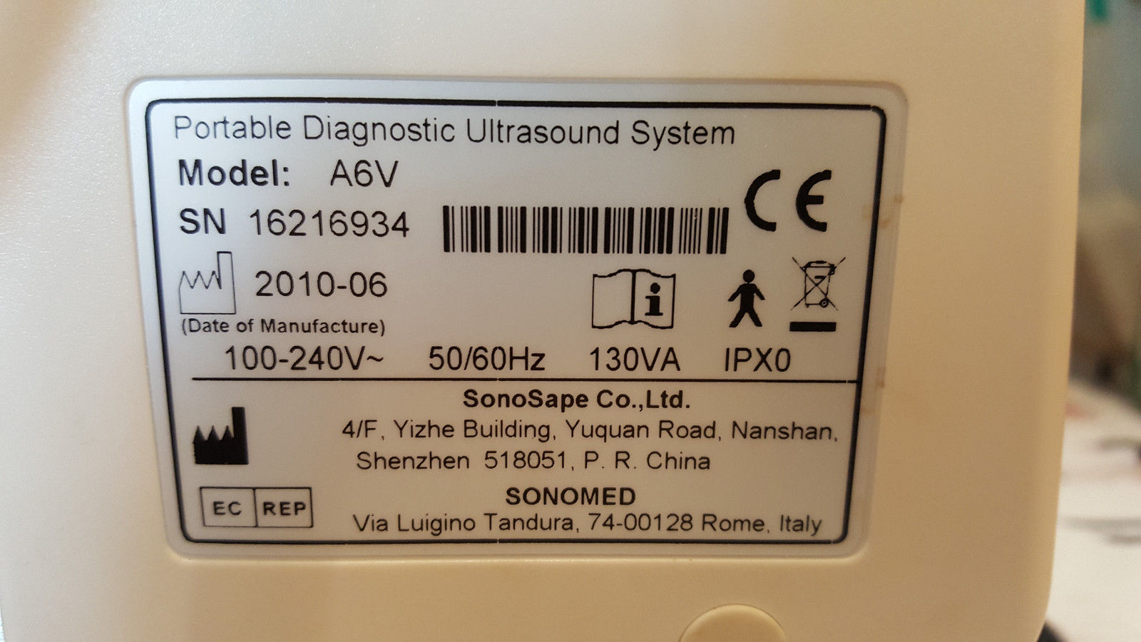 SONOMED SonoScape A6V Portable Ultrasound (Year 2010) With Probe L745 DIAGNOSTIC ULTRASOUND MACHINES FOR SALE