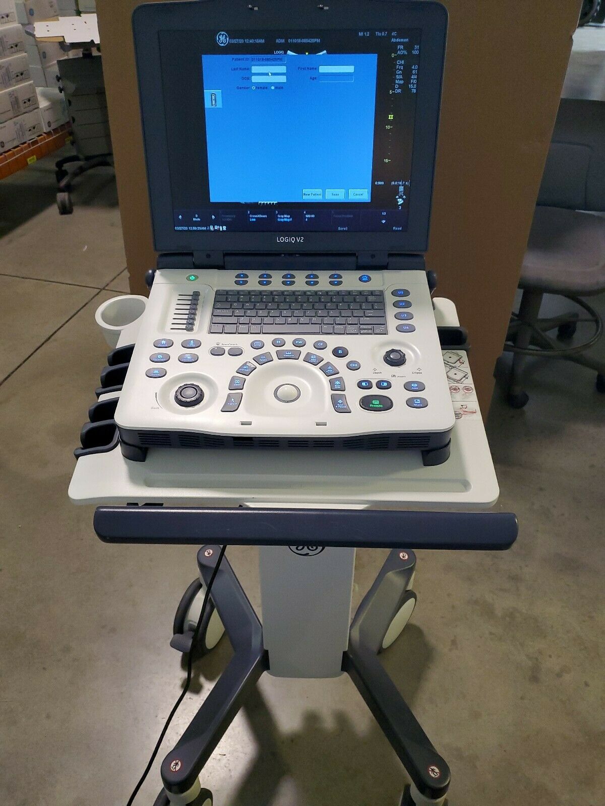 GE Logiq V2 Portable Ultrasound System with Cart and all options on. DIAGNOSTIC ULTRASOUND MACHINES FOR SALE